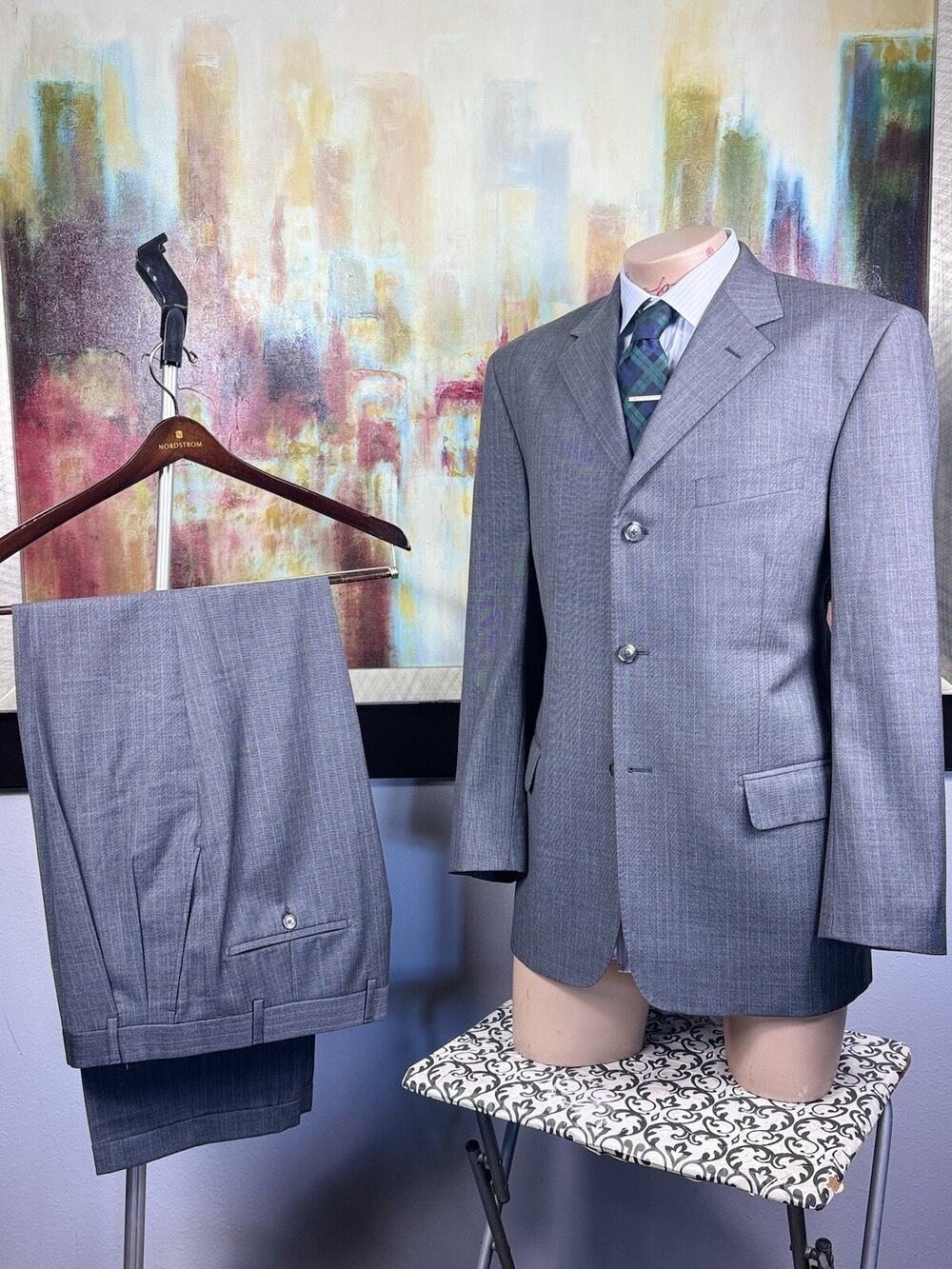 Pavone Mens Made In Italy Gray Striped 2 Piece Suit 42R Pants 34/33